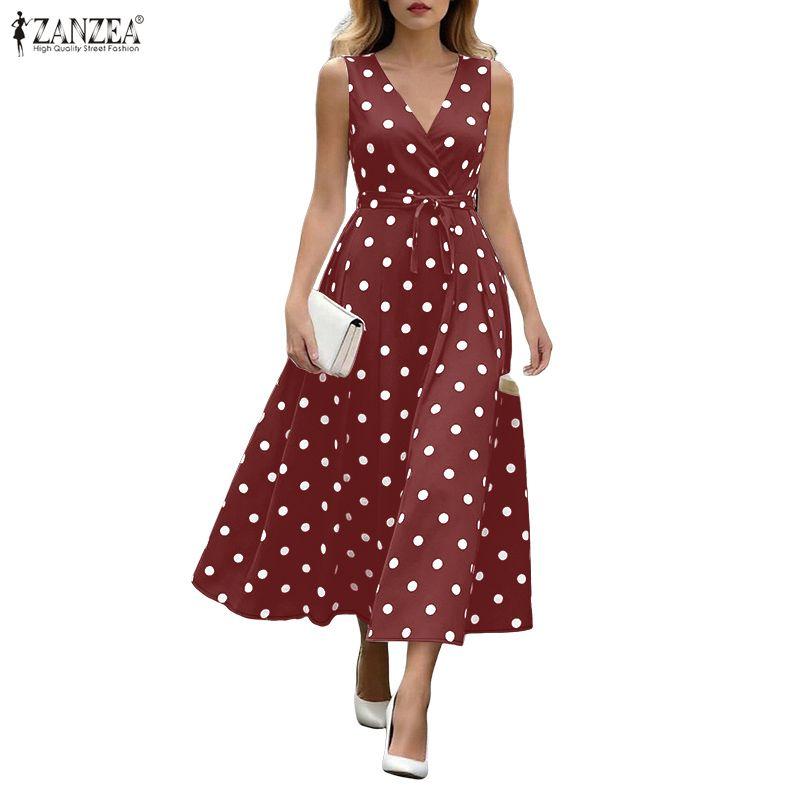 ZANZEA Damen Elegantes V-Ausschnitt Lässiges Ärmelloses Polka-Dot-Print-Kleid