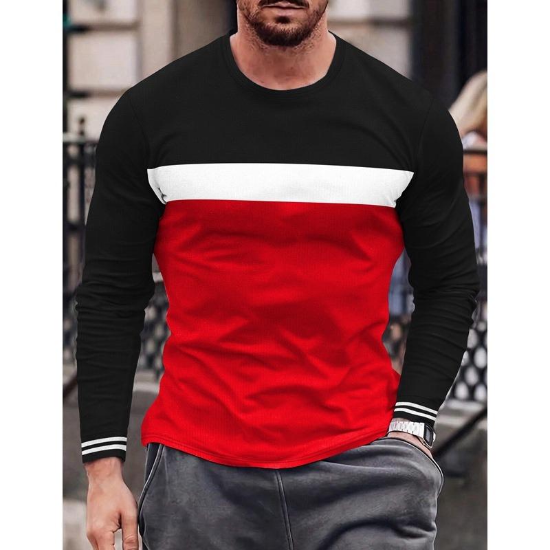 Men S Long Sleeve T Shirt Loose Fit Color Block Round Neck Casual Top