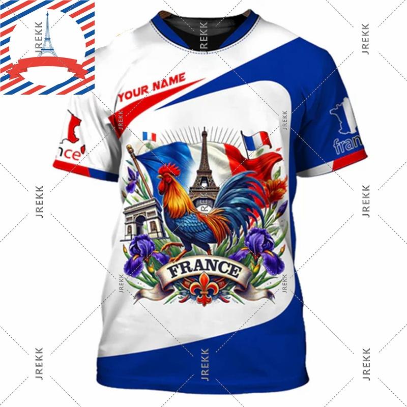 Französisches Flag Football T-Shirt für Herren 3D-Druck Hahn Rundhals-T-Shirts Benutzerdefinierter Name Streetwear Sommer Mode Trend Tee