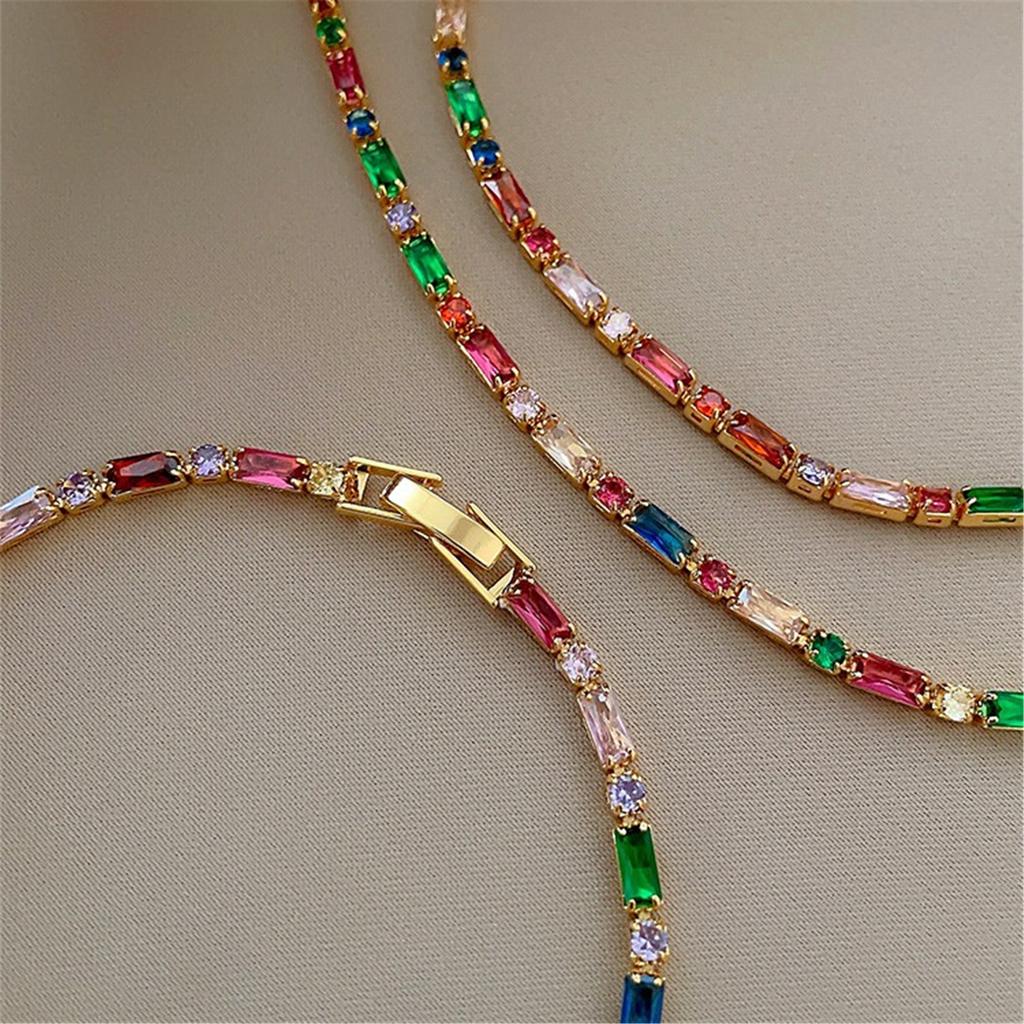 Vintage Styles Square and Round Colorful Gemstones Necklace and Bracelet Fashion Accessory Jewelry Set for Trendy Women