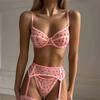 Womens Plush Velvet Heart 3-Piece Lingerie Set With Garter Belt Pink Underwear Erotic Costumes French Romantic Lace Bra 3 Pc Set