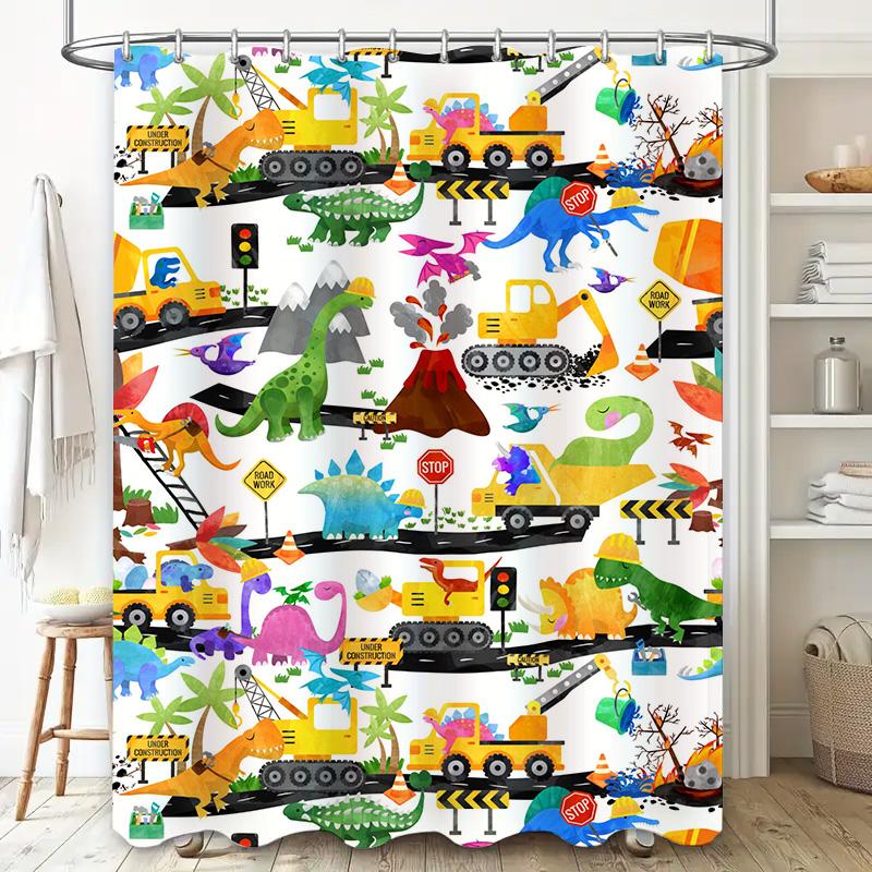 Animal Construction Shower Curtain Dinosaur Decor for Kids Bathroom Waterproof Fabric with Stop Sign Design Unique Home Accessor