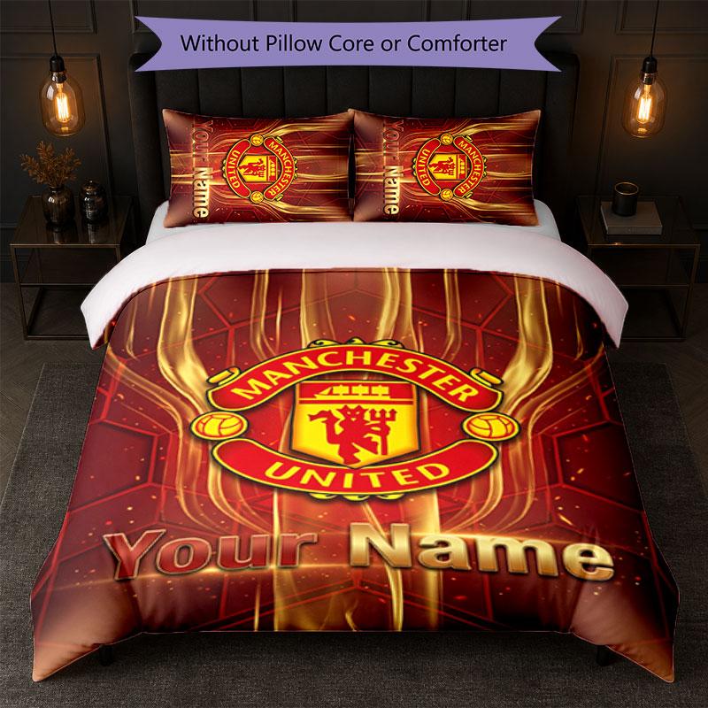 Set Biancheria da Letto Personalizzato Manchester United con Nome Testo 1 Copripiumino + 2 Federe Logo Calcio Regalo Personalizzato per Occasioni Speciali Decorazione Camera da Letto