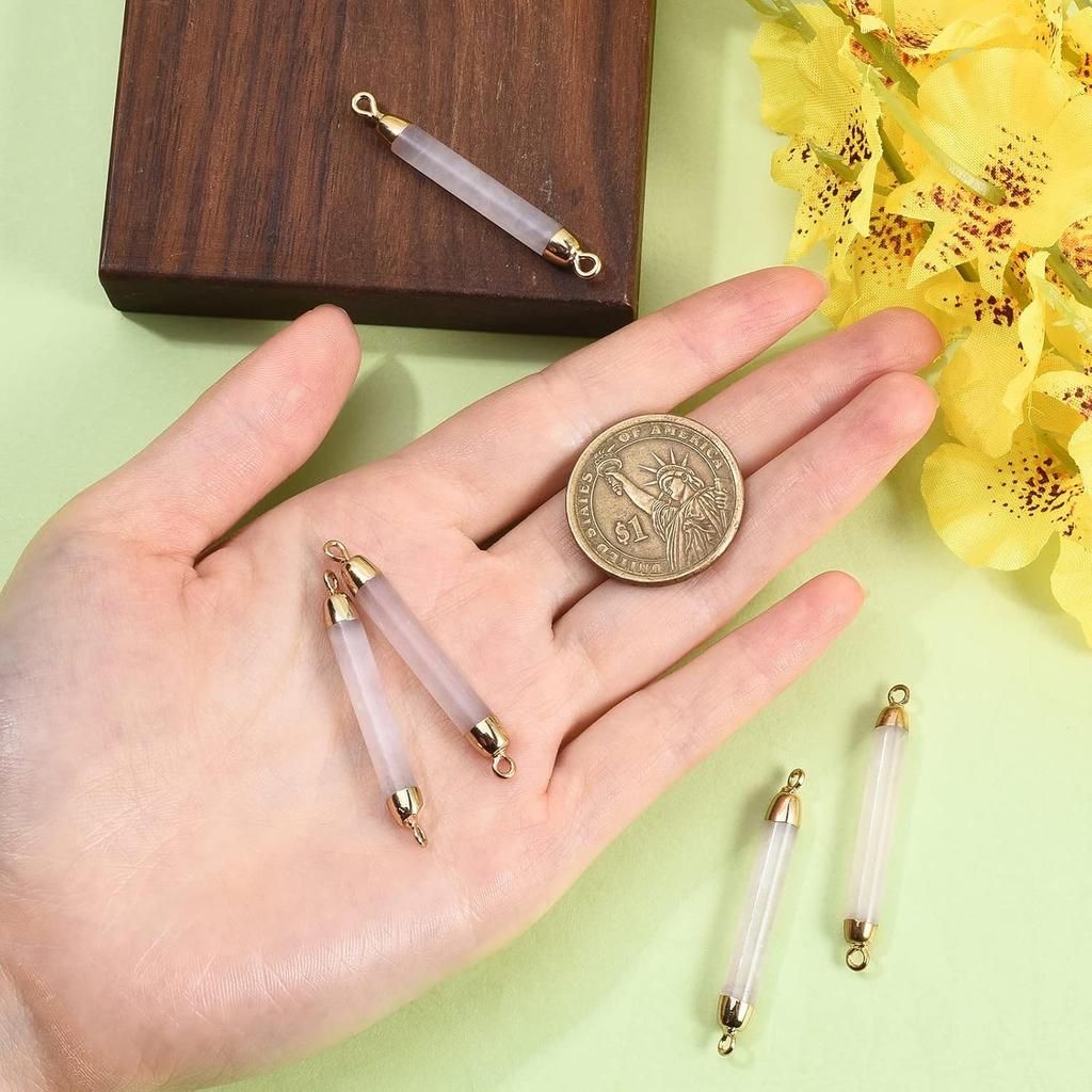 LiQunSweet 5 Pcs Natural Rose Quartz Crystal Stone Charm Connector Gemstones Links with Iron Findings Column Golden Bulk for Jewelry Making DIY