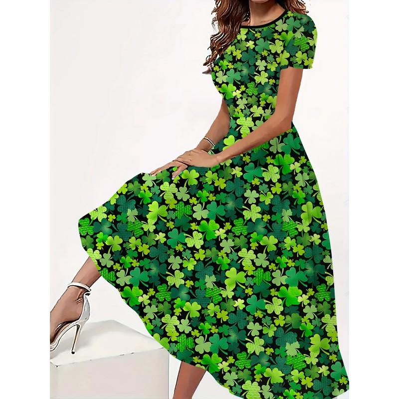 Womens Loose Fit Cotton Print Short Sleeve Round Neck Midi Dress Casual Wear