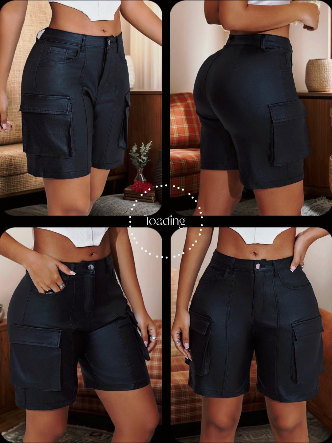 

Широкі шорти карго з натуральної шкіри Rose Beauty A Y2K у повсякденному стилі з клапаном і кишеньковим швом XS чорний