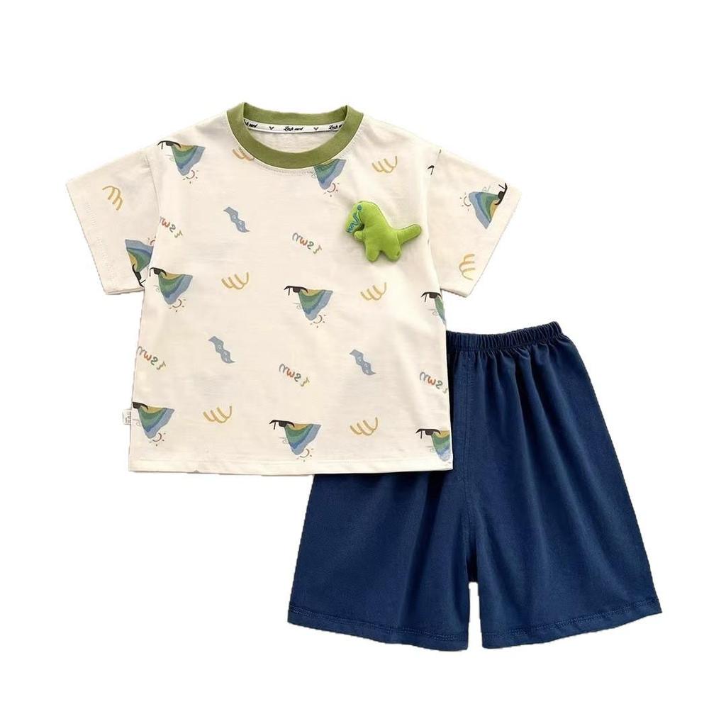 2026 Cute Cartoon Stripe Two-Piece Set: Short Sleeve T-shirt & Shorts for Small/Medium Children - Antibacterial, Class A.