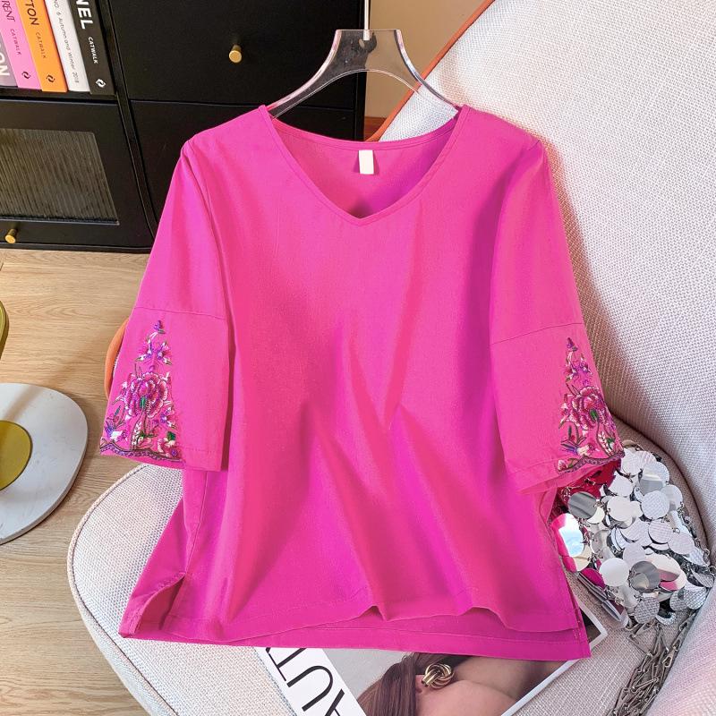 

Summer 2024 Women s Cotton Linen Embroidered V-neck T-shirt - Artistic, Simple, Versatile, Loose Fit, Solid Color, Age-defying 2X Large