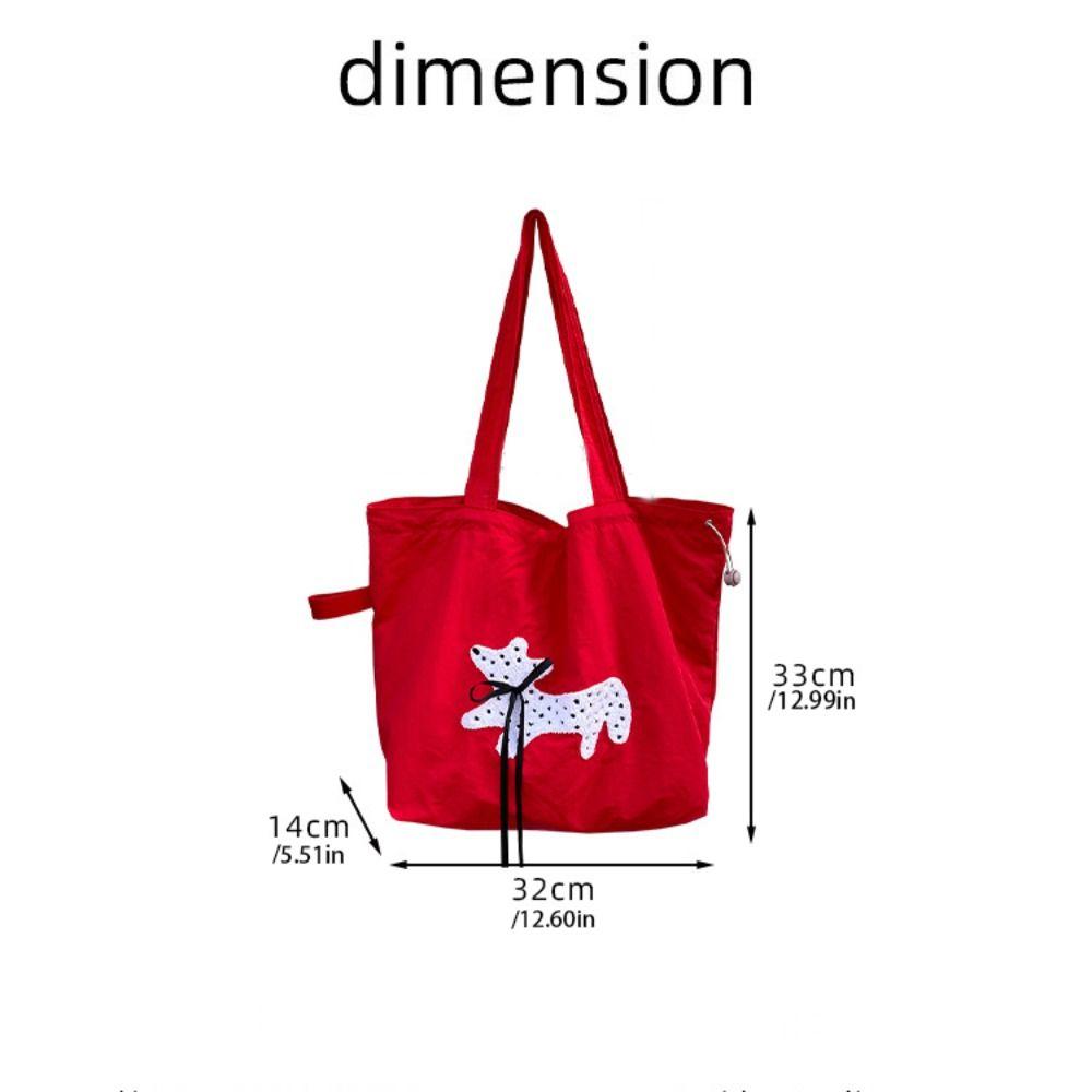 Puppy Embroidery Drawstring Shoulder Bag Bow Spotted Women's Handbag Casual Canvas Tote Bag  Beach