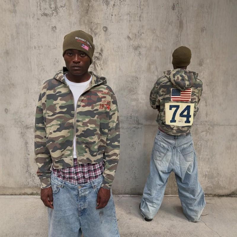 American Vintage Camo Zip Hoodie Loose Fit Men Women Casual Streetwear