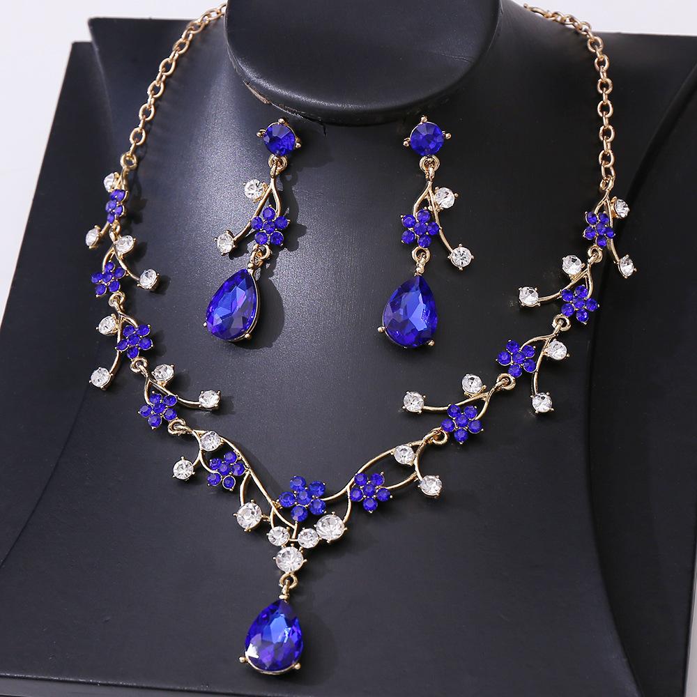 Luxury Colorful Crystal AB Water Drop Flower Bridal Jewelry Sets Rhinestone Necklace Earrings Wedding Dubai Jewelry Set