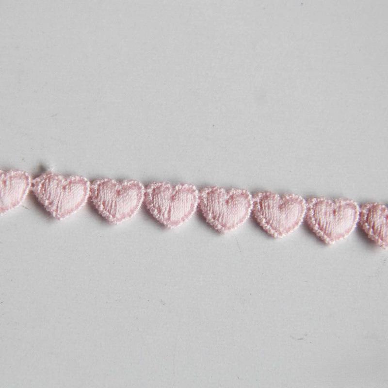 F22 Japanese Mercerized Cotton Embroidery Lace Trim with Small Heart Design, 0.8cm Width, for Skirt Hem Decoration and DIY Clothing.