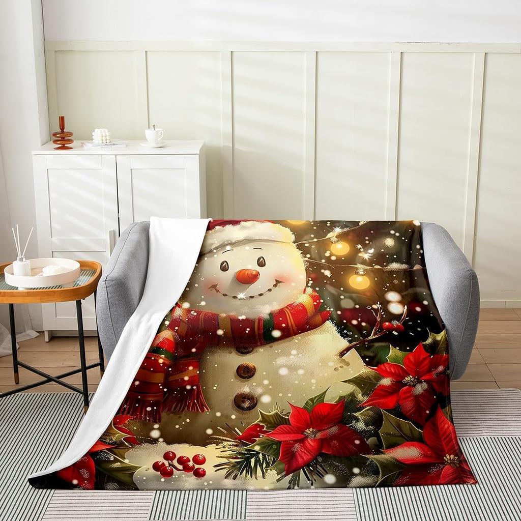 Winter Snowman Throw Blanket Cartoon Farmhouse Rustic Style Flannel Blanket for Kids Teens Adults Watercolor Pine Trees White