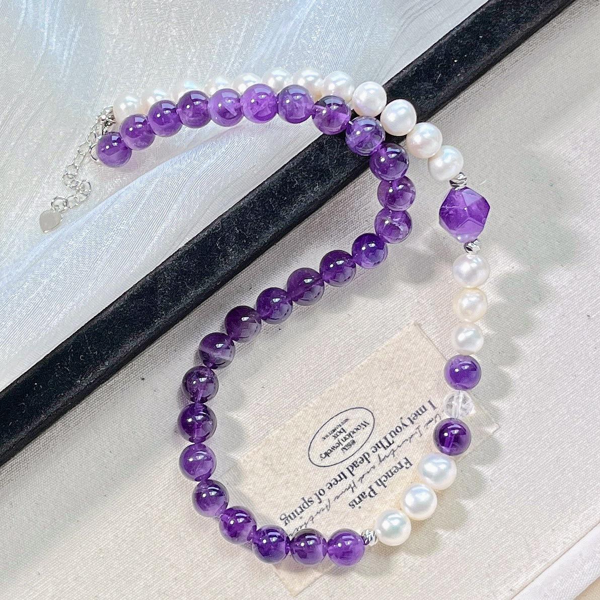 

8Mm Vintage High Quality Natural Amethyst Freshwater Pearl Design Sense Necklace Clavicle Chain