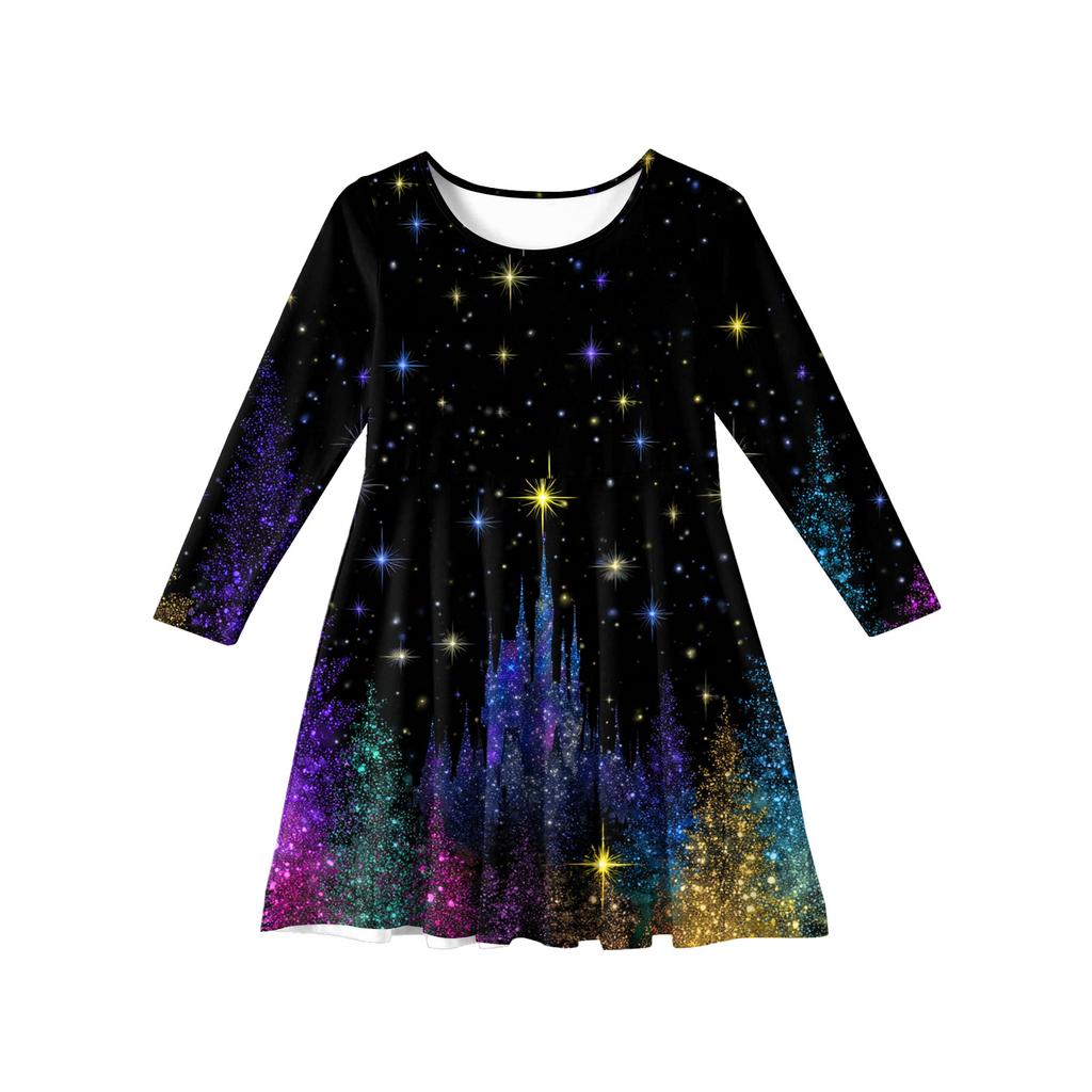 Dívčí princeznovské šaty - Tričkové šaty áčkového střihu s dlouhým rukávem na Štědrý den