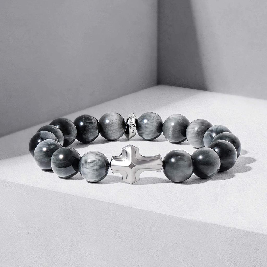 Gray Hawkseye Bead Bracelet Made of Premium Sterling Silver with Cross Charm Natural Stone Gift for Men Size [AWNL] Men's (10mm Stone) 15-16cm