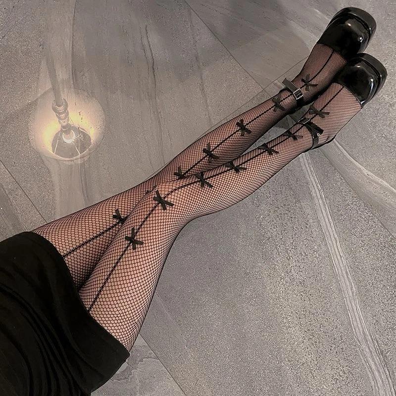 Sexy Hollow Out Transparent Slim Fishnet Pantyhose Women Bow Black White Tights Gothic Lolita JK Cute Bowknot Mesh Stockings