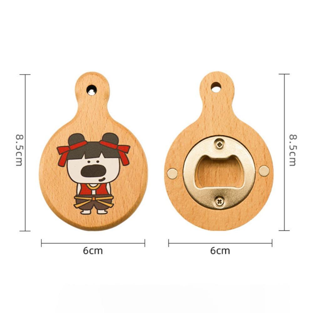 Cartoon Solid Wood Bottle Openers Magnetic with Round Handle Beer Cap Catche Refrigerator Sticker Bar