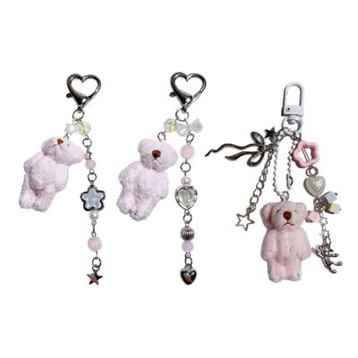 Plush Bear Key Holder with Bead Chain Versatile Animal Pendant Keychain Fashionable Phone Charm Fashion Bag Accessory