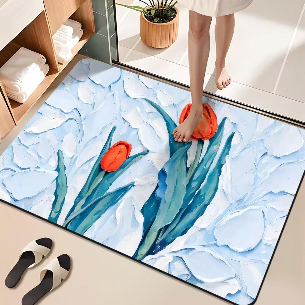 Diatom Mud Floor Mat Oil Painting Flowers Bathroom Floor Mat Water Absorption and Dirt Resistance Bathroom Anti Slip Foot Mat