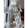 Summer Women Vintage Print Linen Thin High Waist Wide Leg Pant Trouser With Pocket