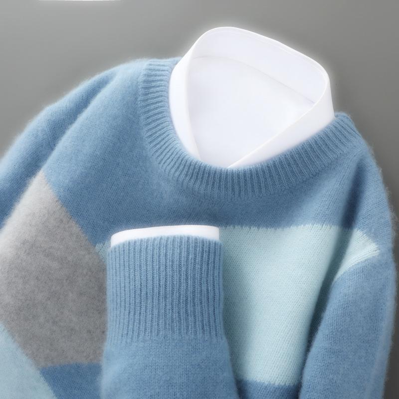 Men's Round Neck Color Block Pure Wool Sweater - Thickened Jacquard Knitwear, Loose Fit for Autumn & Winter.