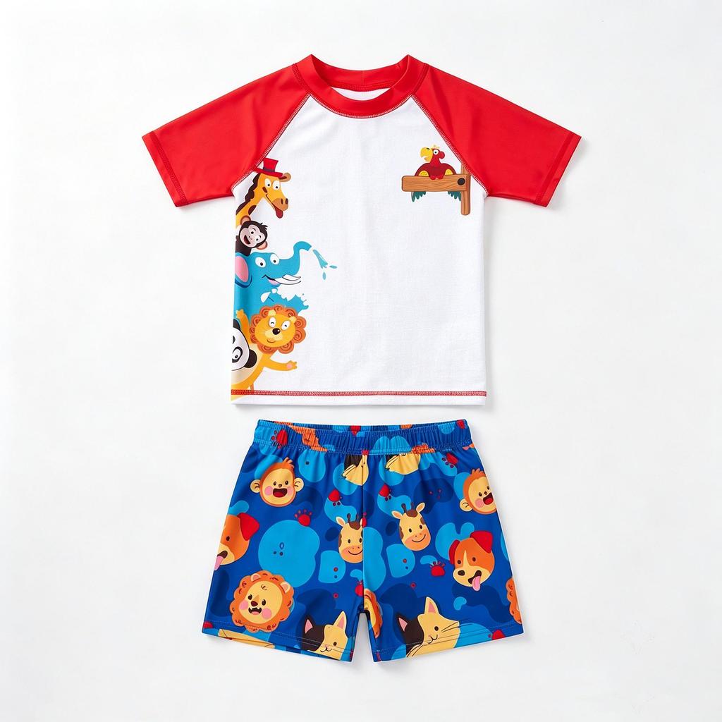 Boys' Quick-Dry Sun Protection Two-Piece Swimsuit with Printed Short Sleeve and Beach Pants