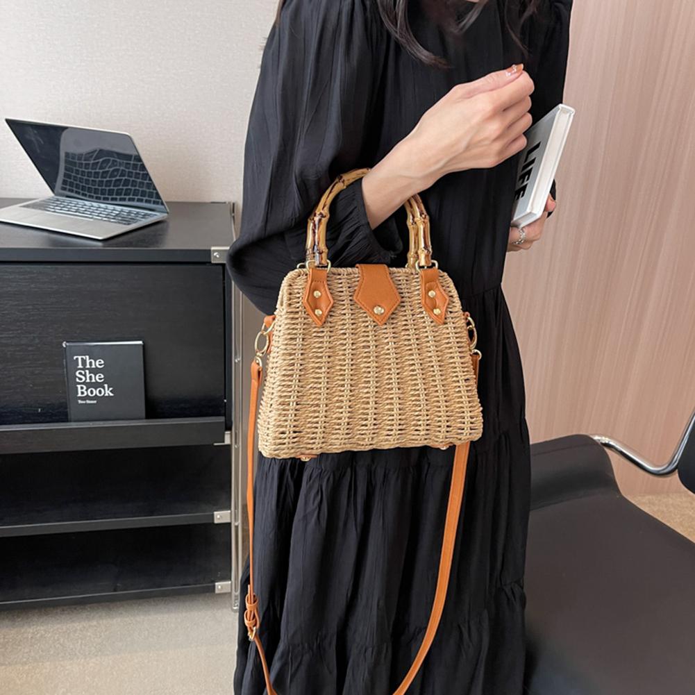 Summer Woven Beach Crossbody Bag Bamboo Handle Beach Vacation Bags Handmade Casual Portable Adjustable Strap for Seaside Holiday