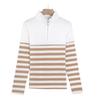 Pullover Striped Women Vintage Zipper T-shirt Autumn Korean Fashion Casual Cotton Female Long Sleeve Tops Tees