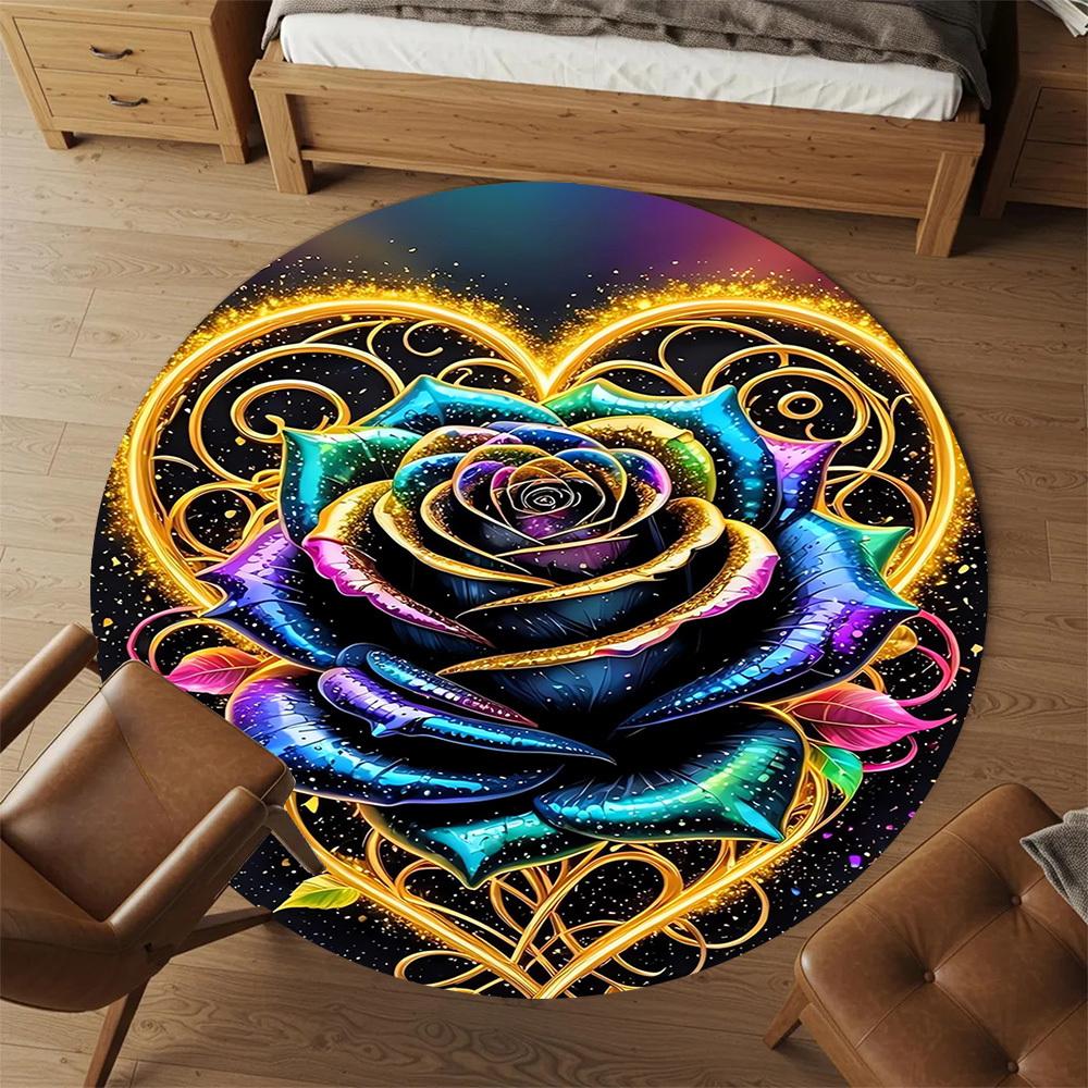 1pc Rainbow Rose Golden Heart Round Chair mat Area Rug - Non-Slip, Floor Mat for Office, Bedroom, Ideal home decor Christmas Gift p0811465