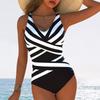 New one-piece swimsuit women's sexy black and white striped cross V-neck to cover the belly and look thin conservative vacation swimsuit