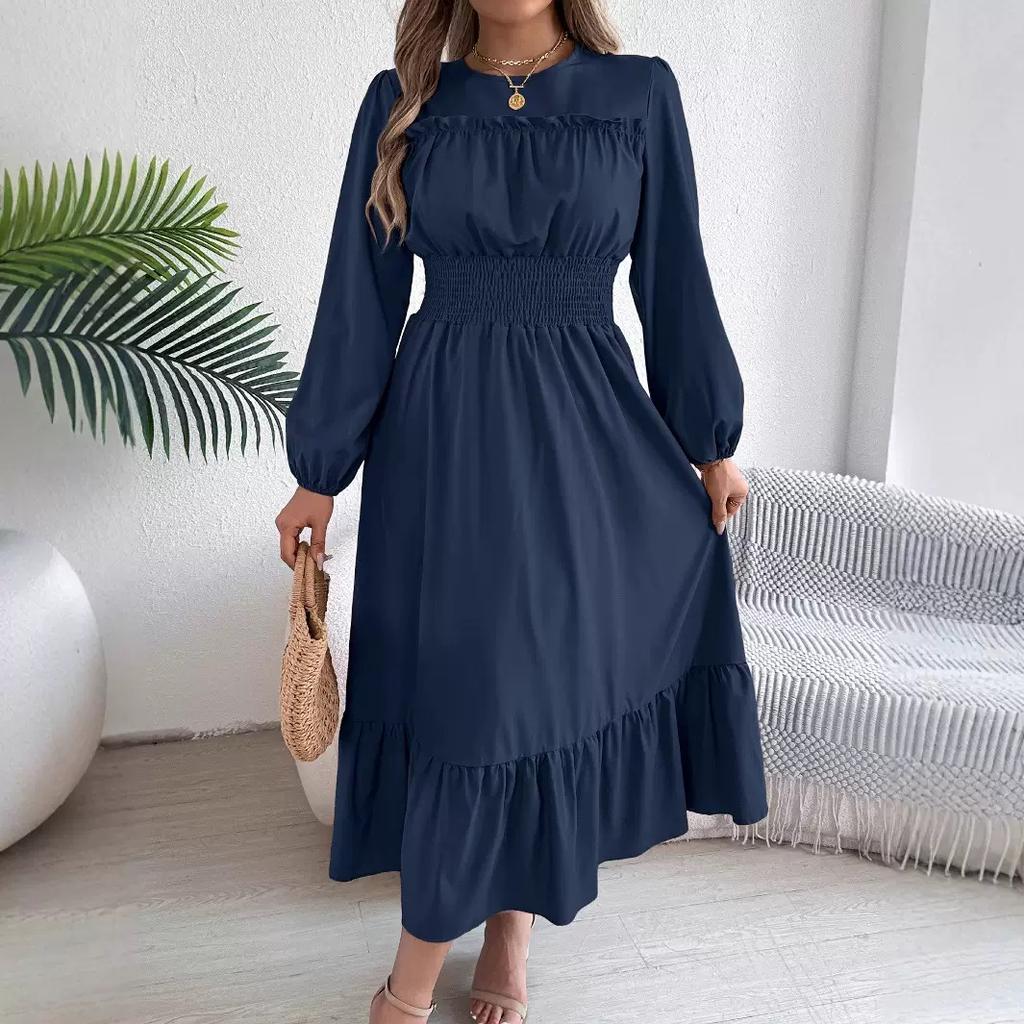 Autumn and Winter Casual Elegant Solid Color Round Neck Long Sleeved Waist Cinched Lotus Leaf Edge Dress Women Clothing