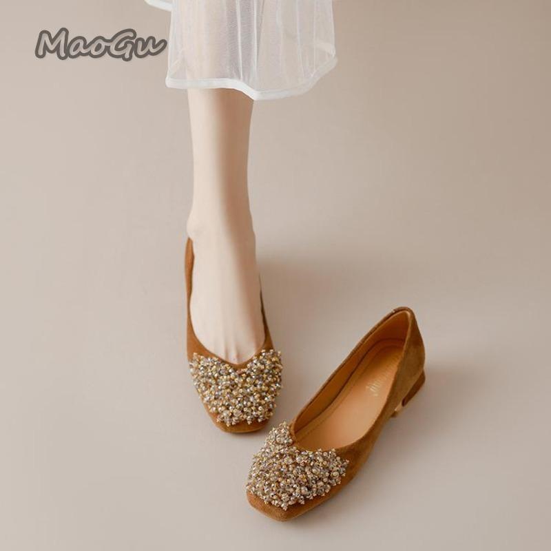 Fashion Elegant String Beaded Fashion Slip-On Women Shoes Square Toe Medium Heel Versatile Casual Velvet Summer Loafers Chaussures Femme