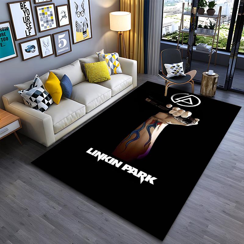 Rock Music Area Rug, Linkin Park Hand Grips Microphone Blue Flame Tattoo Black Background Print, Man Cave Decor, Non-Slip Mat