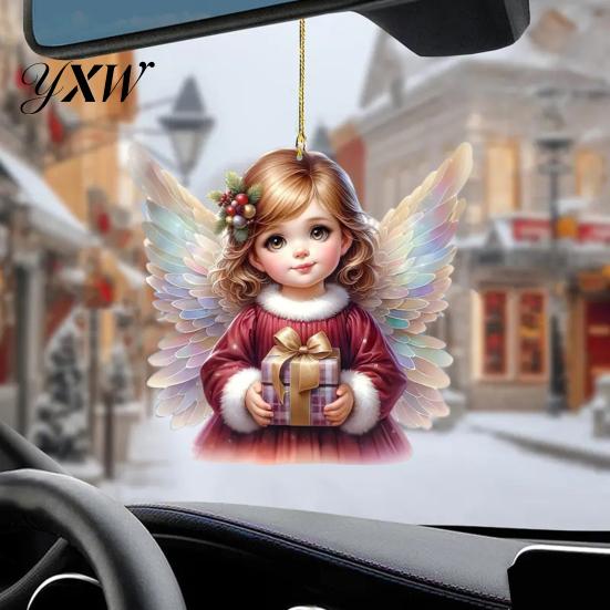 Whimsical Car Accessory Decoration Christmas Tree Ornament with Lanyard Easy to Hang 2D Little Girl Pendant Angel Hanging Bag Keychain Long-lasting