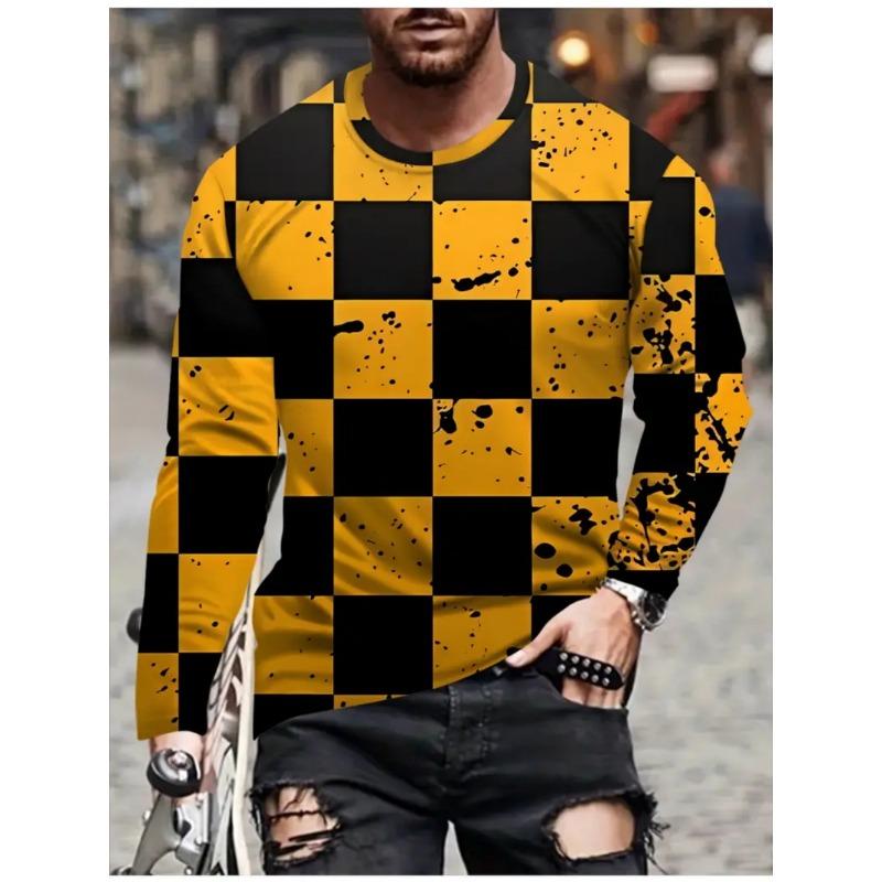 T Shirts for Man Geometric Block 3D Print Autumn Long Sleeve T-Shirt Pullover Casual Male Tops Street Lightweight Men's Clothes