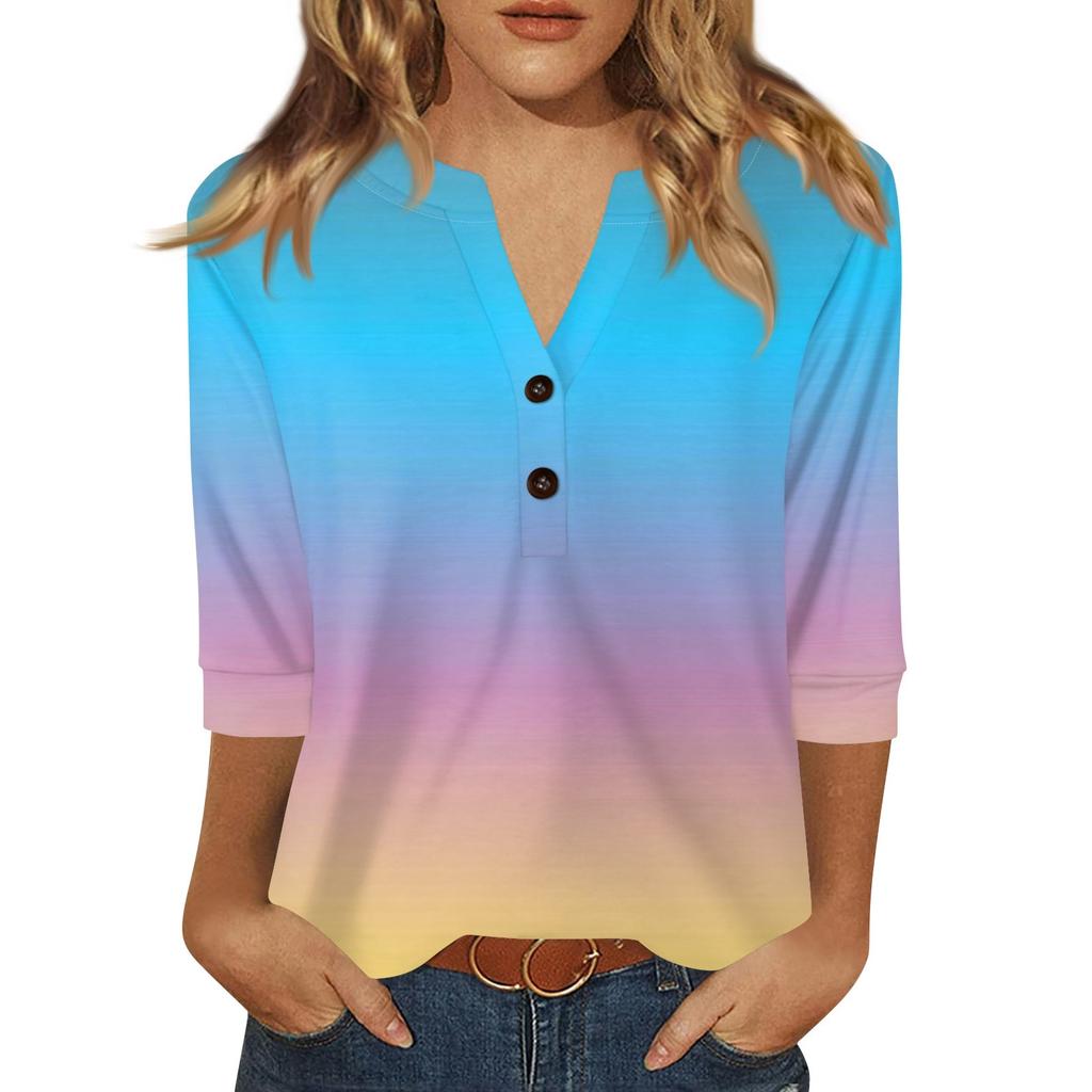 Damen T-Shirt mit Aufdruck, Knopfleiste, 3/4-Ärmel, für den Alltag, Wochenendmode, Basic, V-Ausschnitt, normales Oberteil