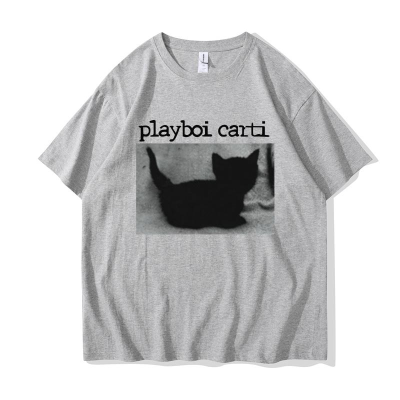 Playboi Carti Oversized Hip-Hop T Shirts Cute Cat Harajuku Print Tee Regular Mens Tops Quality Rapper Tshirt
