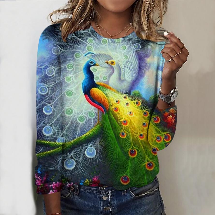 Tops For Spring&Autumn Hummingbird&Elephant&Peacock Print Round Neck Long Sleeve T-shirt Fall Casual Slim Pullover Women's Long Sleeve Top