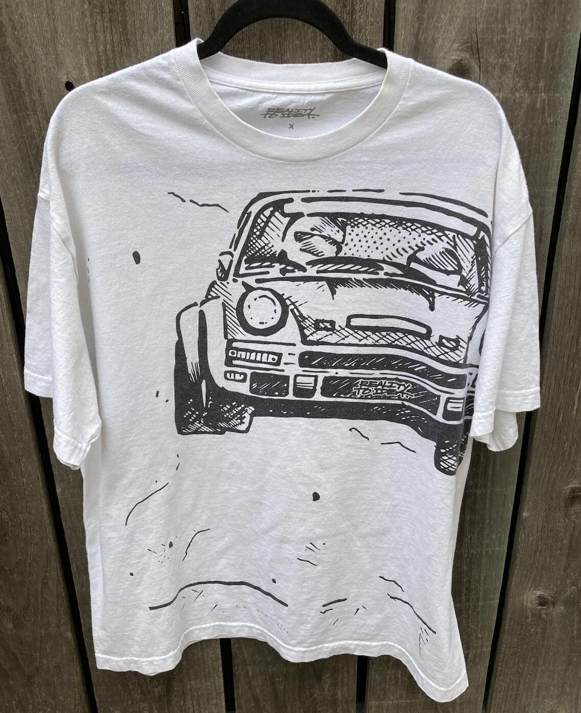 Men s Reality to Idea White Car Sketch T-Shirt XL Crew Cotton Josh Vides Street L
