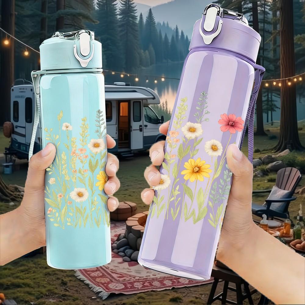 1PC Wild Daisy Bouquet Art 750ml Color Plastic Sports Water Bottle Leakproof Flip Straw Lid Suitable for Sports Office Home Use