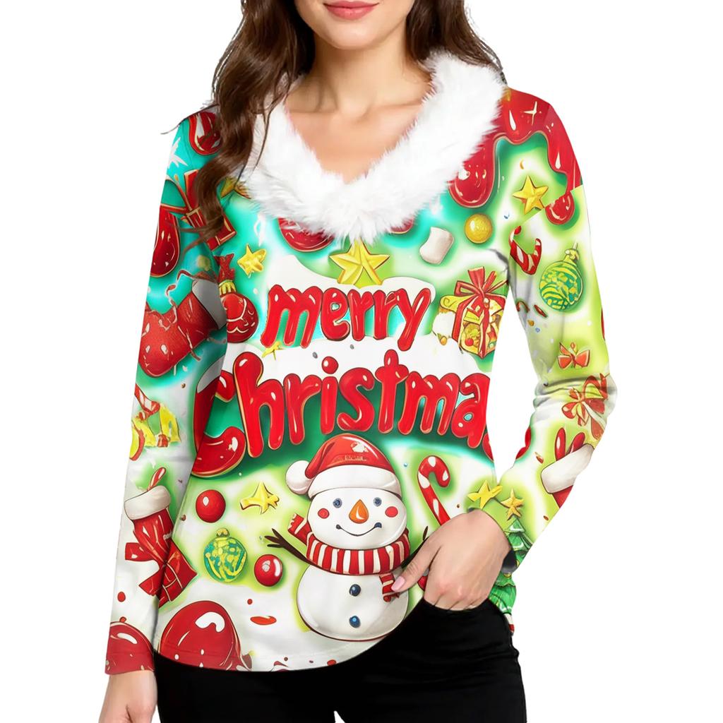 Women's Christmas Printed Long Sleeved Party Plush Neck V-neck Top