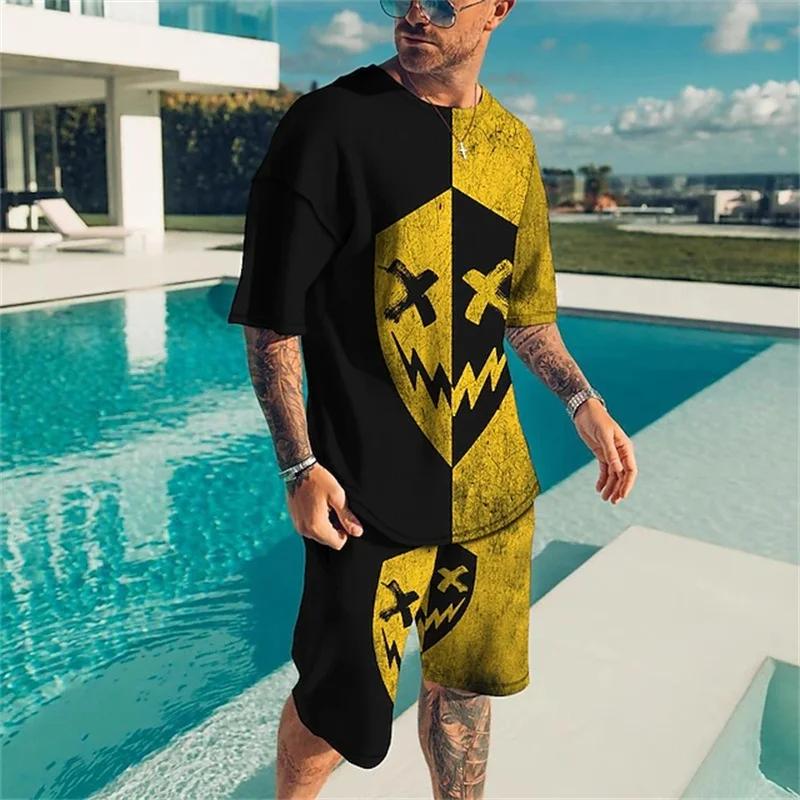 Men's T-Shirt Shorts Set Retro Skull Casual Fashion Pattern Stereoscopic 3D Print Short Sleeve Shorts Set Streetwear Summer New