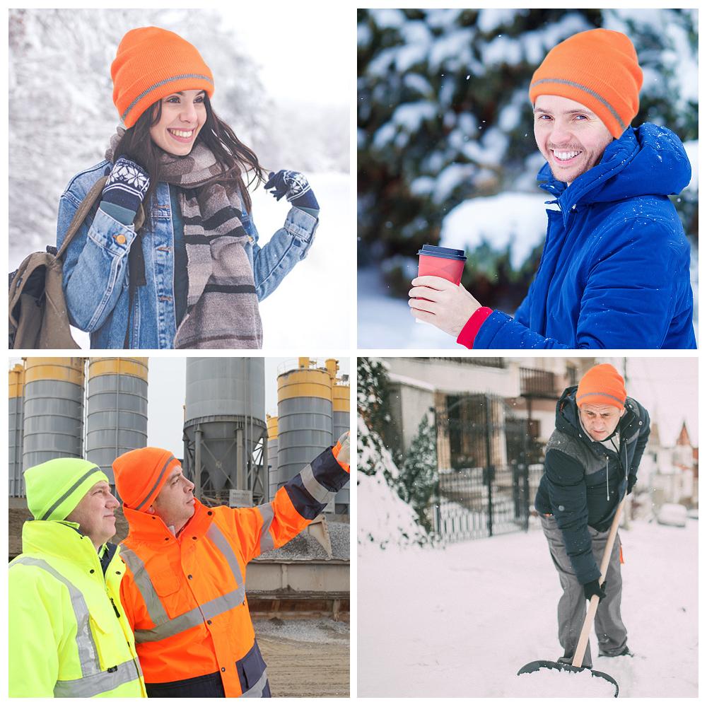 Reflective Safety Cap Autumn and Winter Knitting Yarn No Brim with Reflective Stripe Adult Windproof Cold Insulation Outdoor Work High Visibility