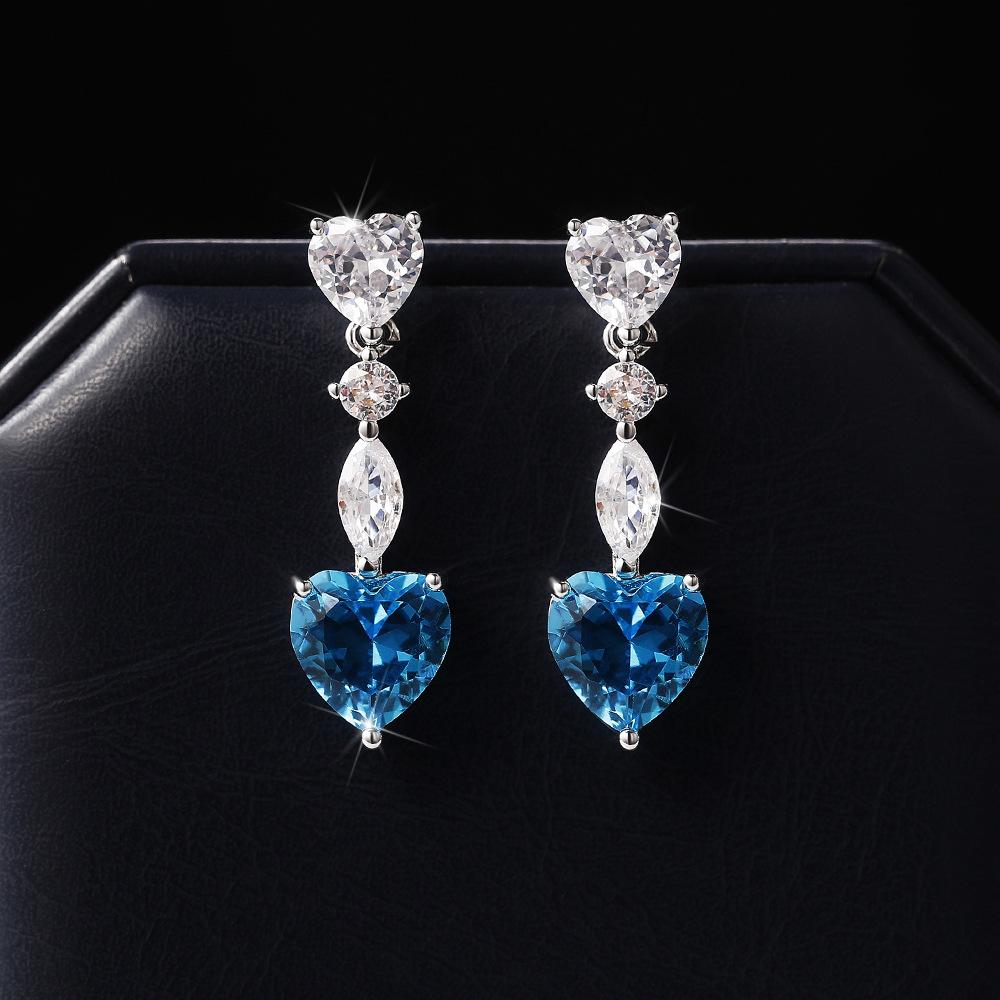 Trendy Elegant Created Red Heart Zircon Earrings  Silver Needle String Statement Drop Earrings for Women Wedding Party Gift