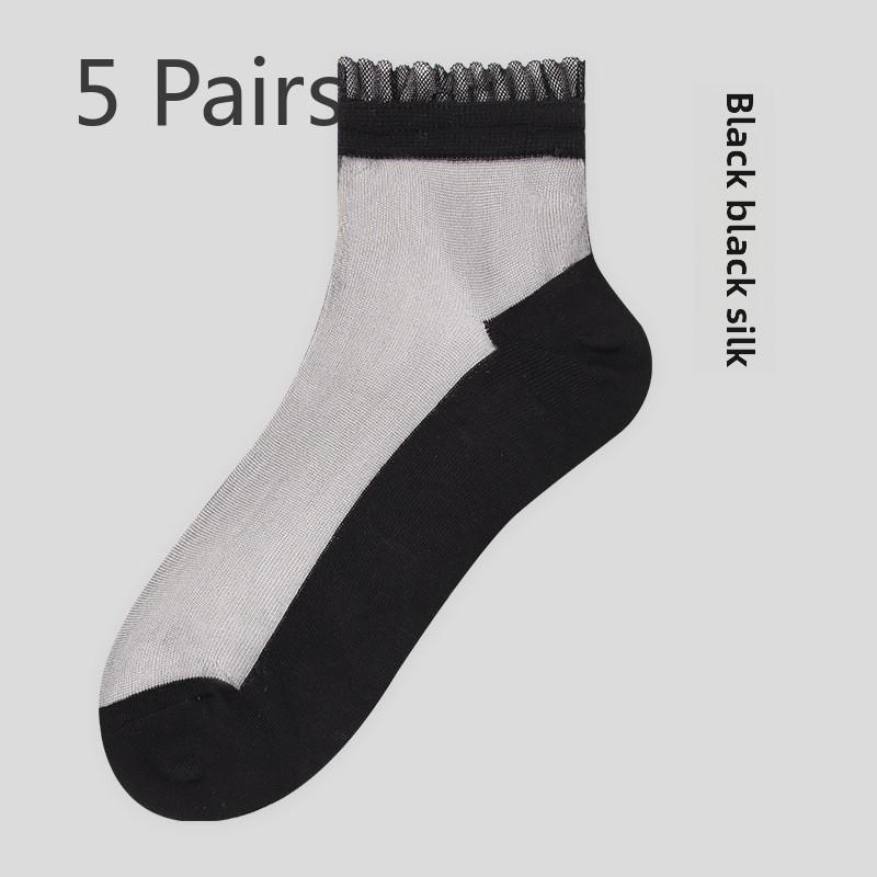 5 Pairs Female Spring Flower Edge Crystal Stockings Thin Summer Sweat Absorption Tube Female Stockings Glass Stockings