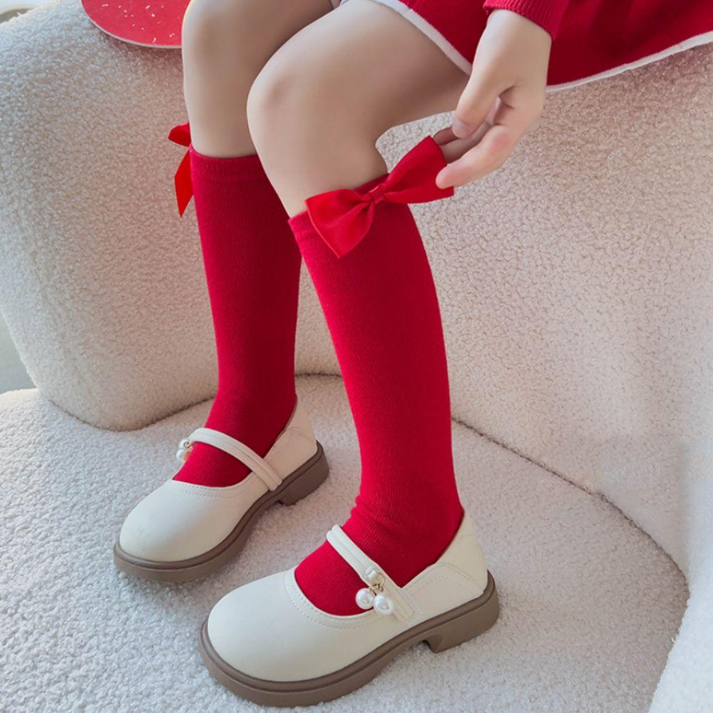 MidTube Bow Hosiery for Kids Cotton Children Long Socks Sleeping New Year Red Socks  Autumn