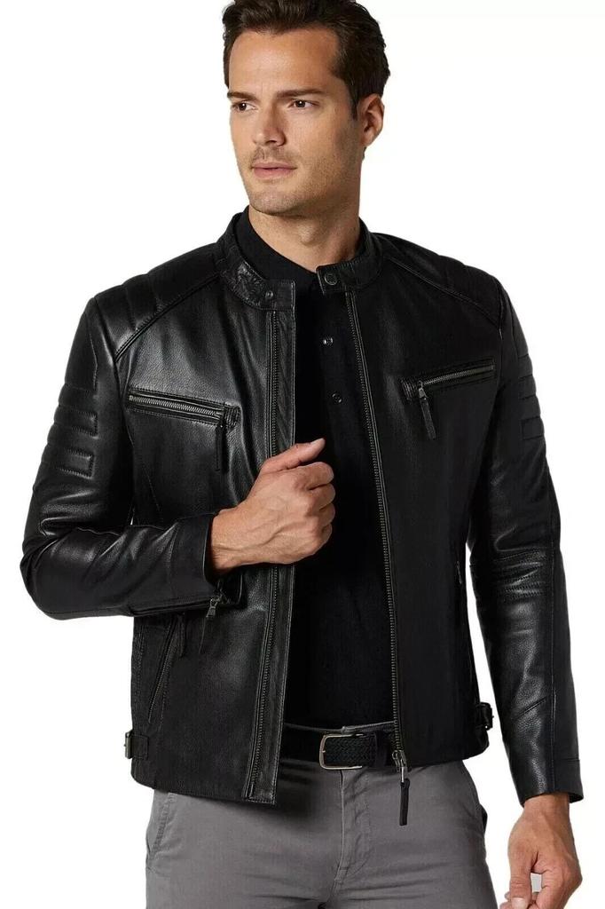 Stylish Biker Soft Real Men Jacket Black Leather Handmade Genuine Lambskin
