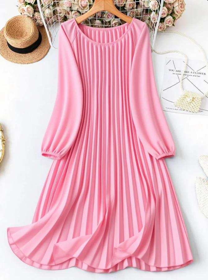 Large size women's solid color pleated lantern sleeve a line dress, popular fashionable solid color pleated dress