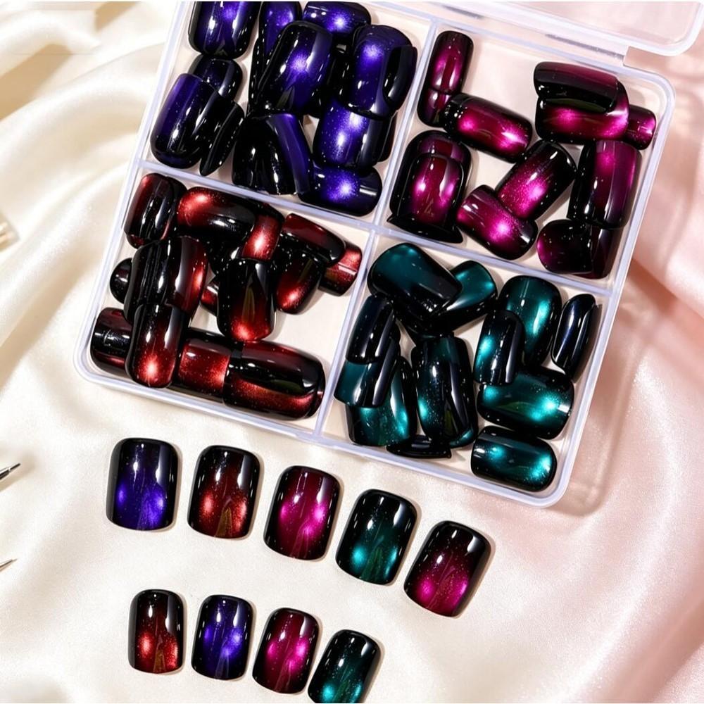 96pcs/box 4colors Glossy Glitter Cat Eye French False Nails Short Square Cat Eye Press On Nails Full Cover Acrylic Fake Nails &3